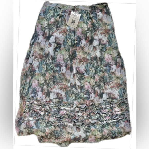 100% Silk Luxury Floral Ruffle Hem Pleated Midi Skirt High-End Craftsmanship - Picture 6 of 10